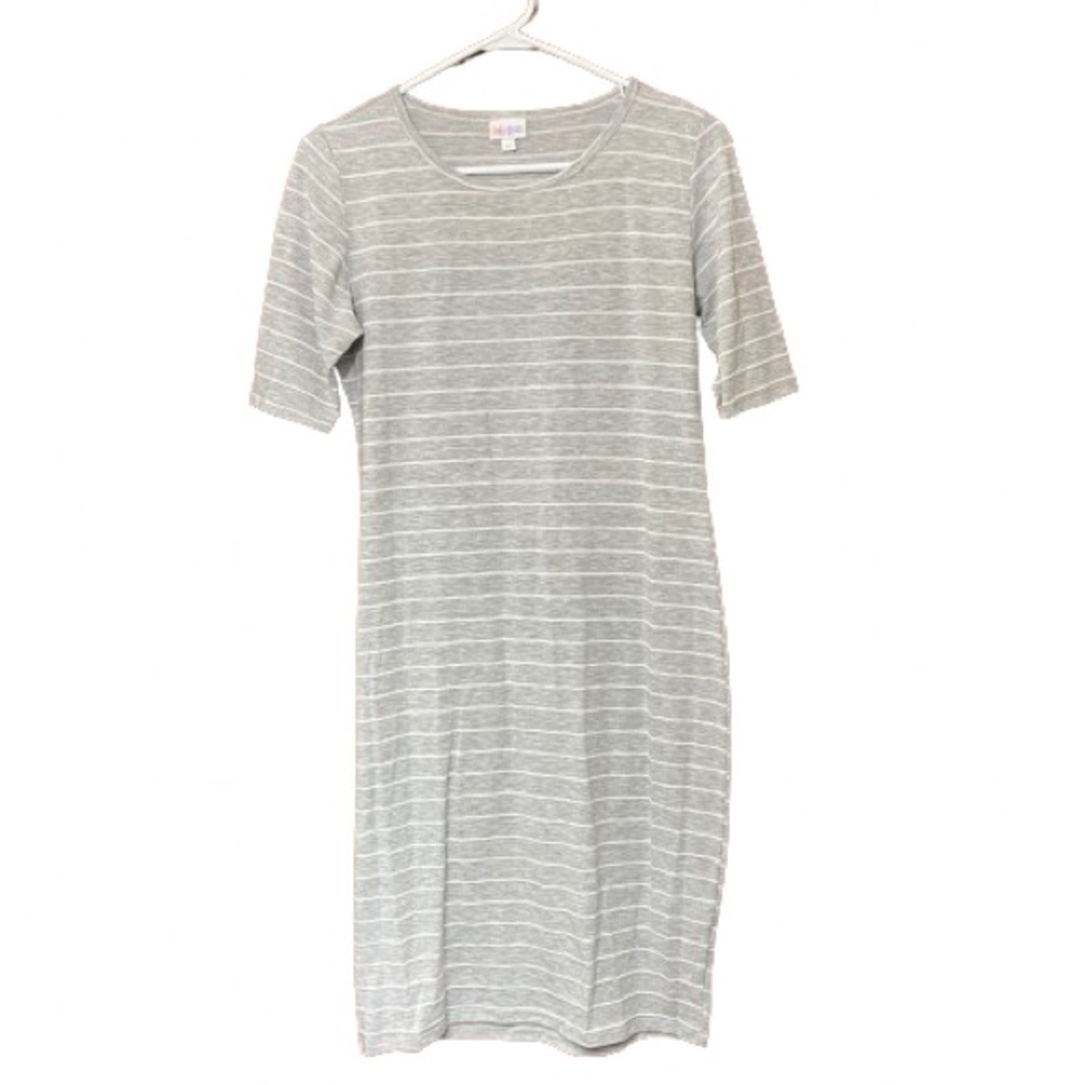 LuLaRoe Julia Gray White Striped Dress Size Medium